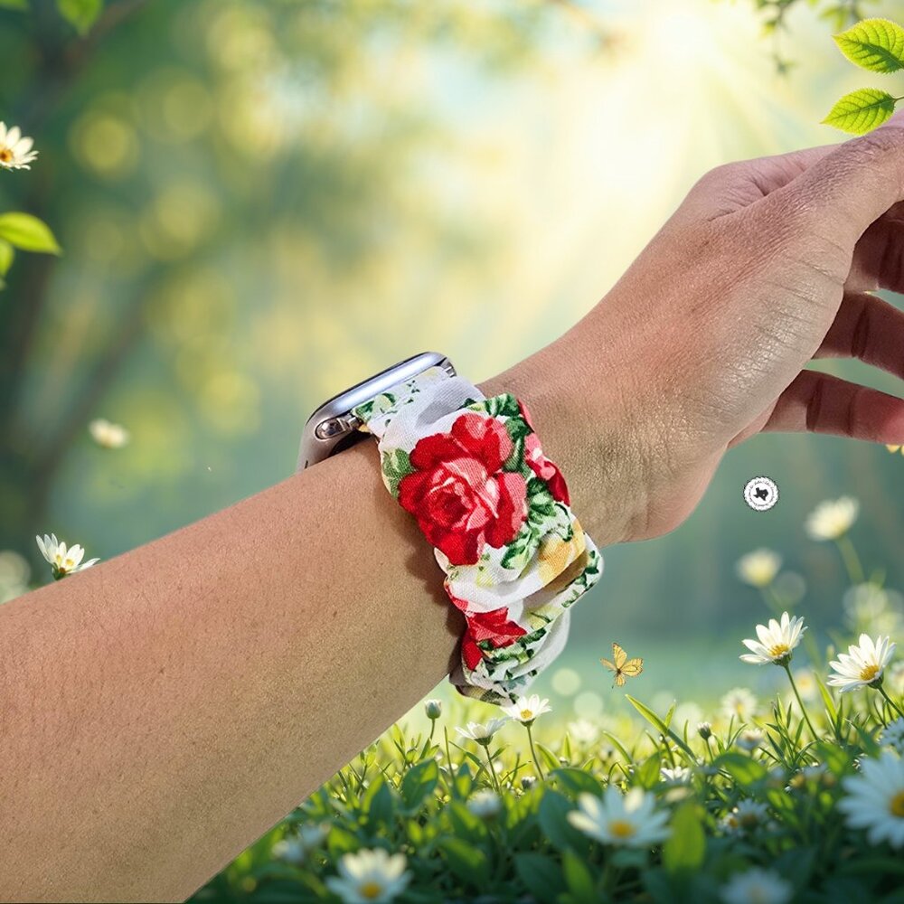 Vintage Red Rose Floral Scrunchie Band for Apple Watch, Fitbit, Samsung, Garmin